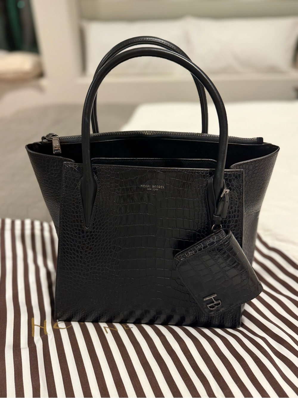 Henry Bendel Black Croc-Embossed Leather Tote with Attached Pouch NWT